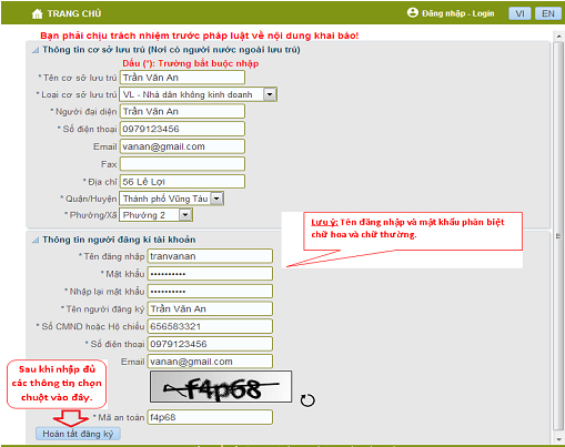 Điền các thông tin trên trang đăng ký tài khoản khai báo tạm trú