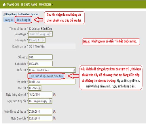 Điền thông tin khai báo tạm trú cho người nước ngoài